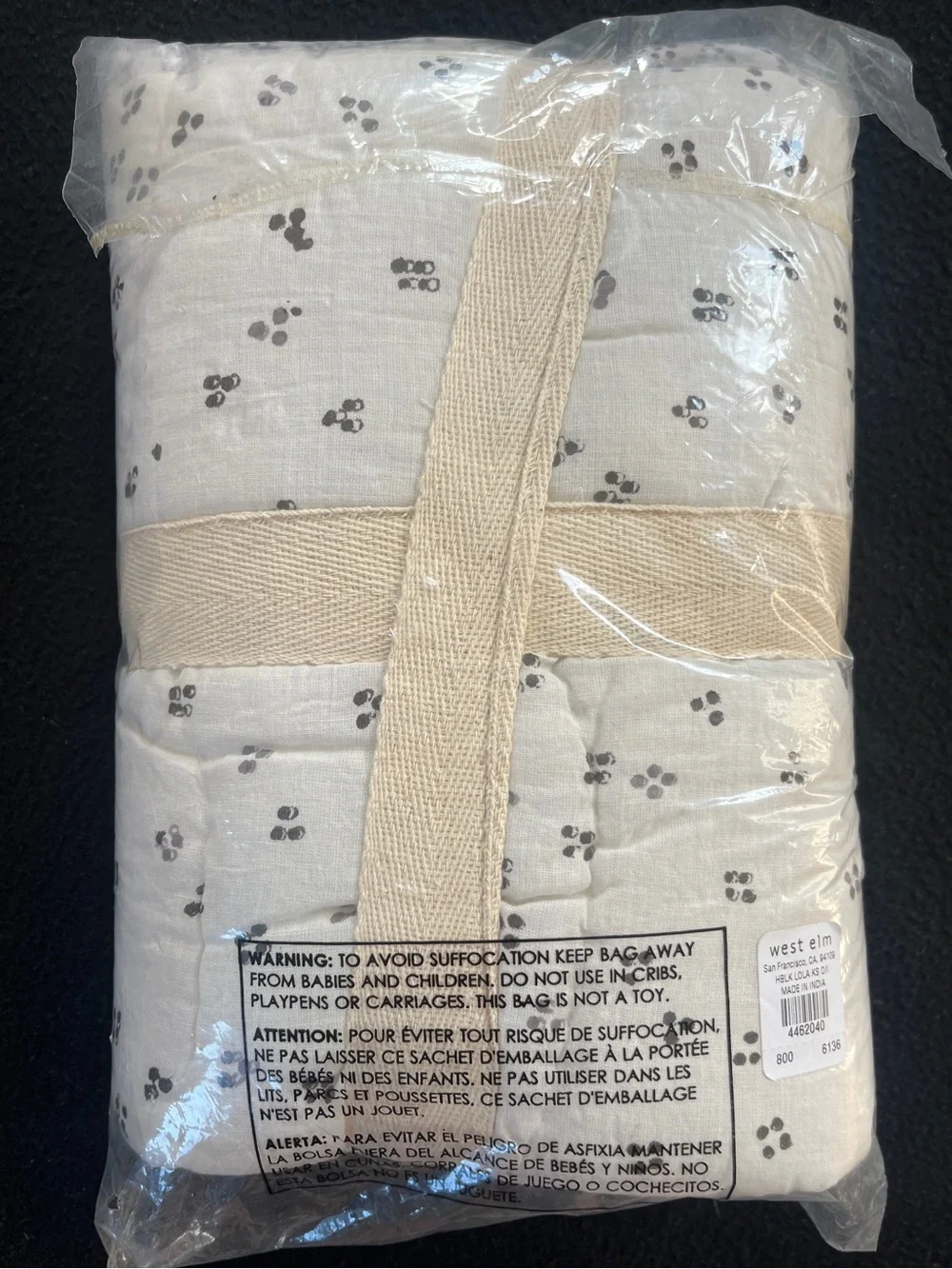 NWT West Elm Hand Blocked Lola 100% Cotton KING Sham Leaf Dot Gray White